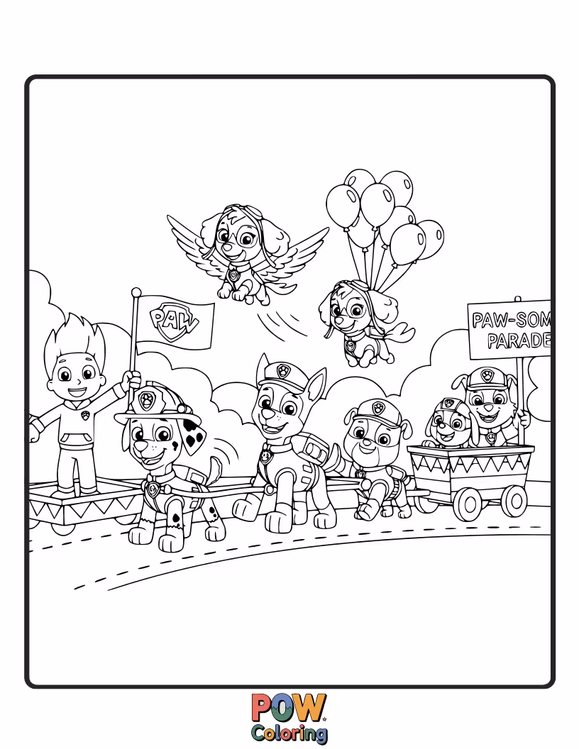 Free coloring page of All the pets of Adventure Bay are dressed up for a fun and festive parade, led by Ryder.