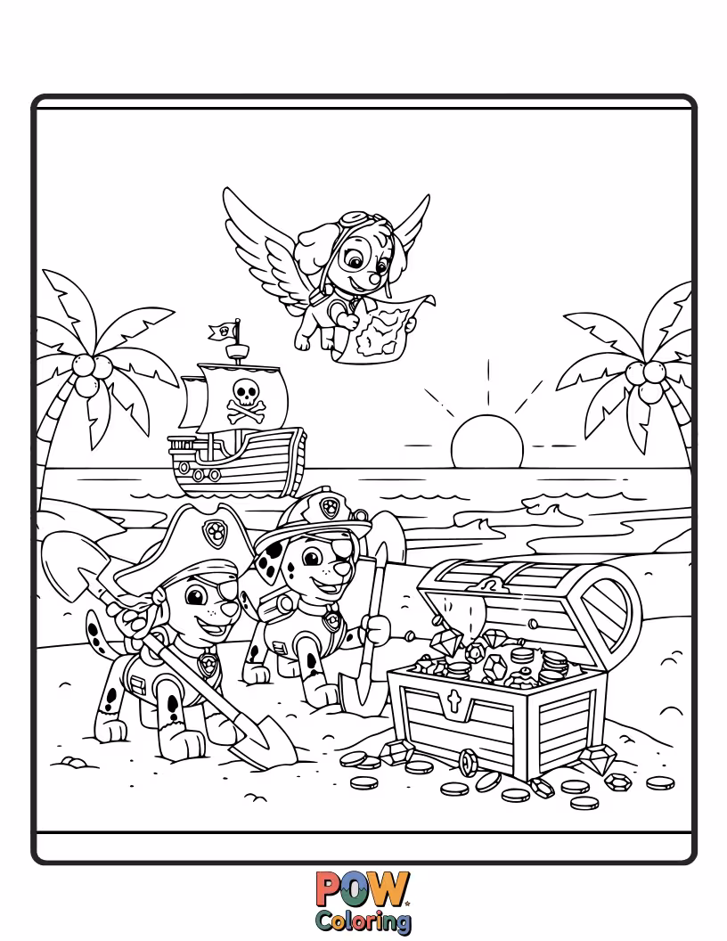 Free coloring page of Captain Ryder and his first mates, the pups, are searching for buried treasure on a mysterious island.
