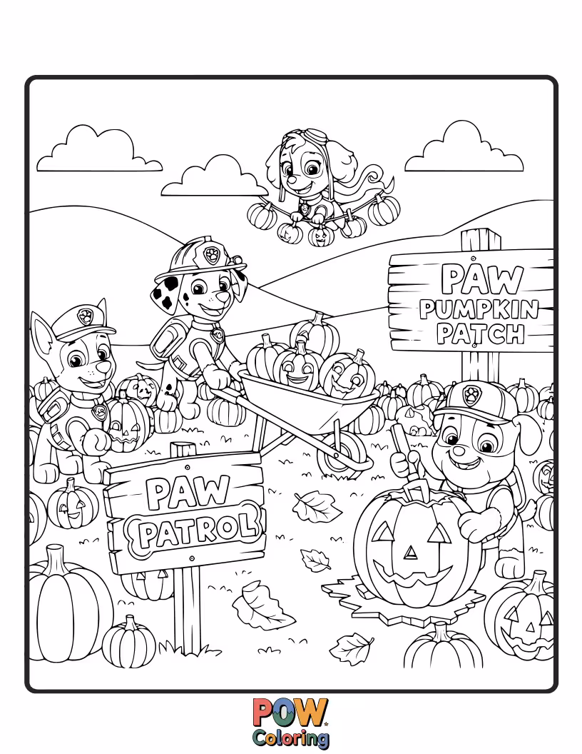 Free coloring page of It's autumn and the pups are picking the perfect pumpkins for Halloween, with leaves swirling around them.