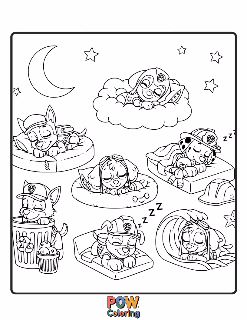 Free coloring page of The pups are cozy in their beds, dreaming of adventures. Chase snoozes in his bed, Marshall cuddled with a teddy bear.