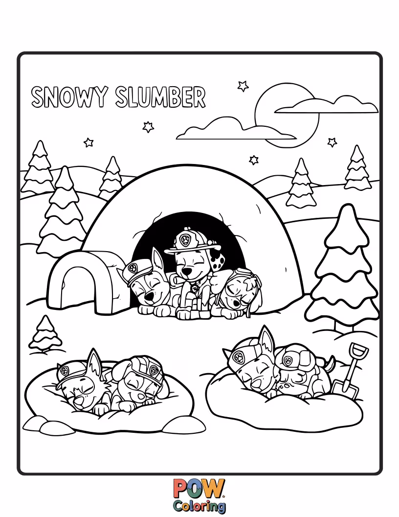 Free coloring page of The pups are enjoying a cozy day indoors during a gentle snowfall, with warm drinks and a crackling fire.