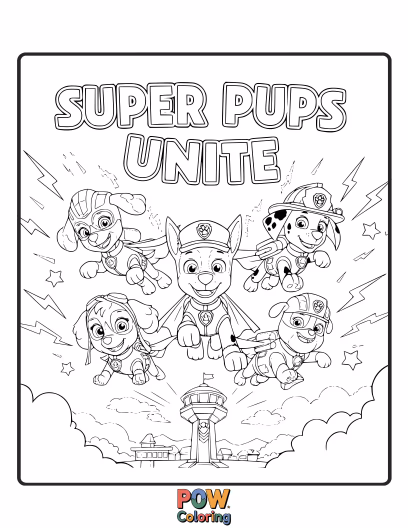 Free coloring page of The Paw Patrol dons their super suits, ready to fly, dig, and zoom to the rescue with incredible powers!