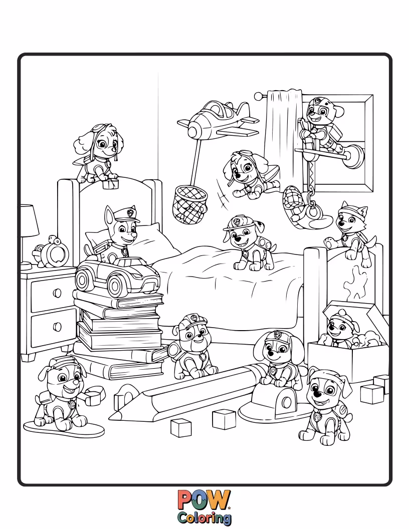 Free coloring page of All of Ryder's toys have come to life, and the pups are having a hilariously fun playtime with them!