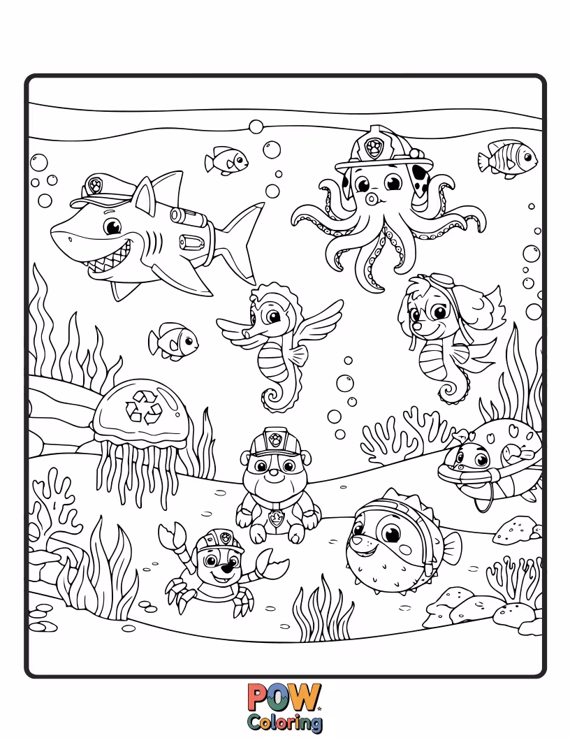 Free coloring page of Dive deep with the pups into a magical ocean world, encountering colorful fish and playful sea creatures.