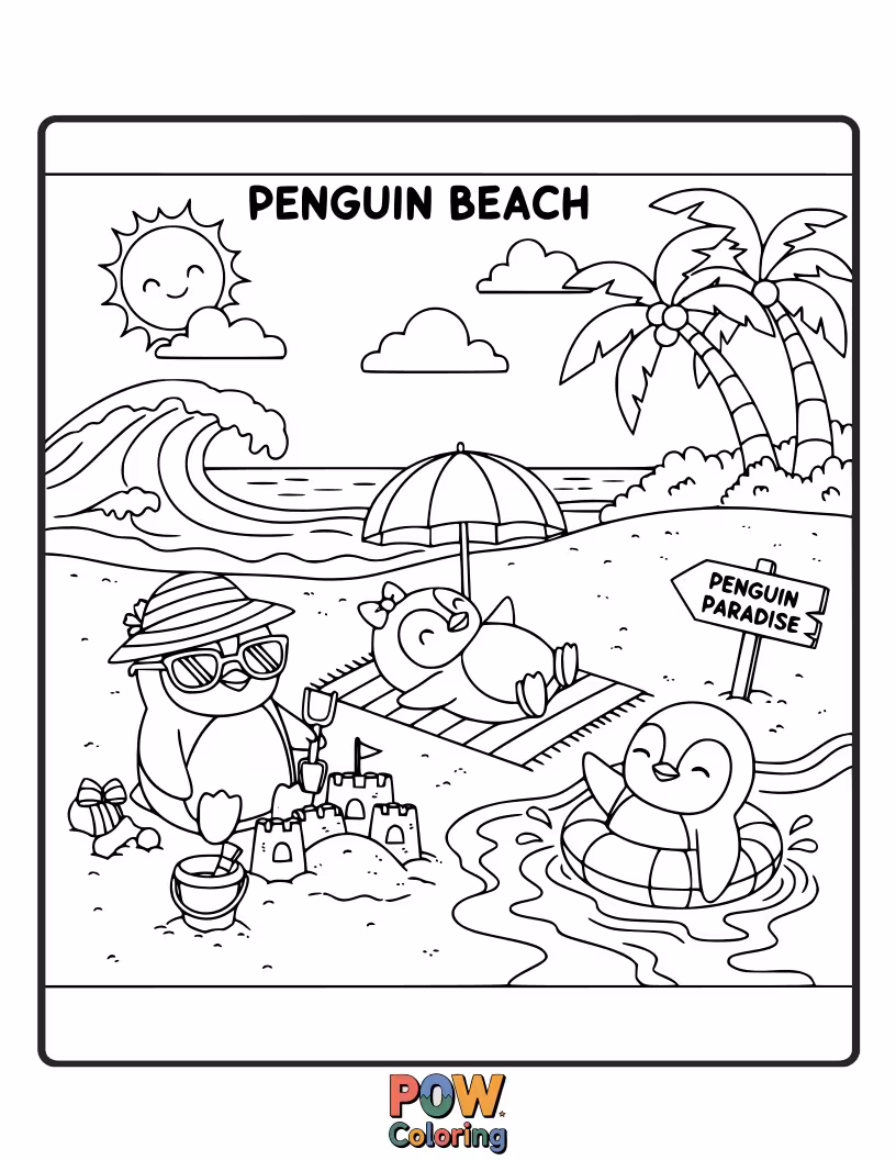 Free coloring page of A group of dapper penguins wearing tiny hats, enjoying a sunny beach day with colorful umbrellas.
