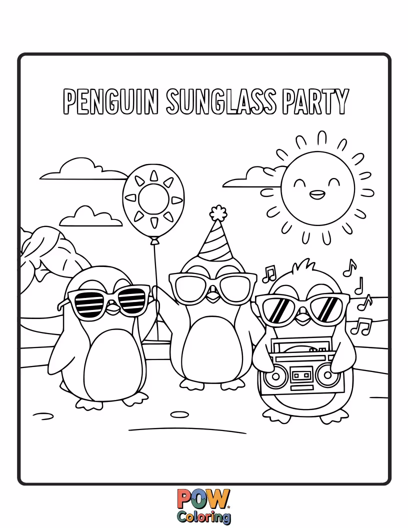 Free coloring page of A dapper penguin wearing fancy sunglasses, ready to host a cool Antarctic celebration.