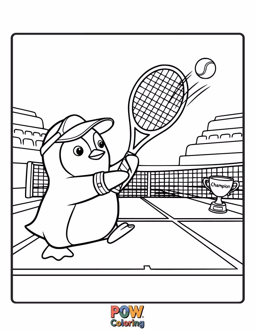 Free coloring page of A dapper penguin in a tennis outfit confidently serving a tennis ball on an icy court.