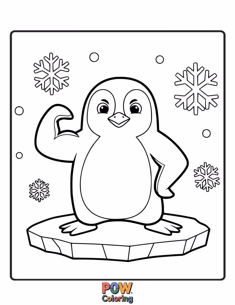 Free coloring page of A determined penguin striking a powerful yoga pose on a cool, icy mat, looking incredibly balanced.
