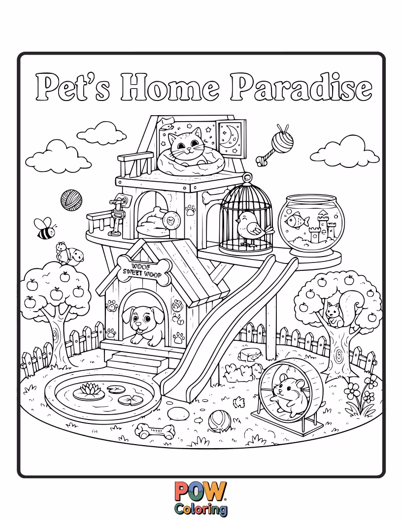 Free coloring page of A doghouse shaped like a tiny mansion, complete with a bone-shaped welcome mat. For our furry friends!