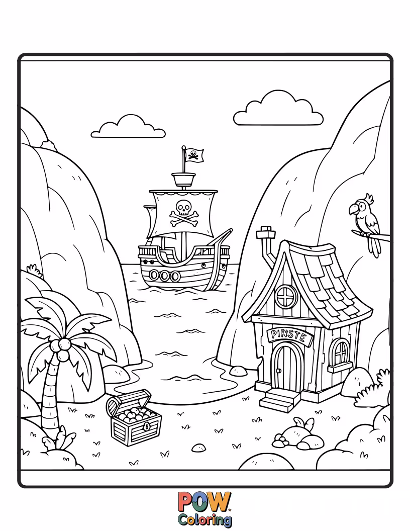 Free coloring page of A rustic pirate ship converted into a cozy home, anchored in a hidden cove with palm trees. homey!