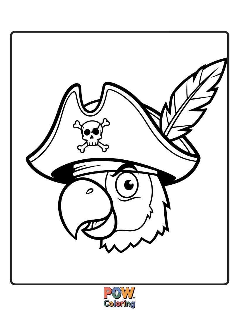 Free coloring page of A mischievous parrot perched on a classic pirate hat, ready for treasure hunts. Arrr, matey!