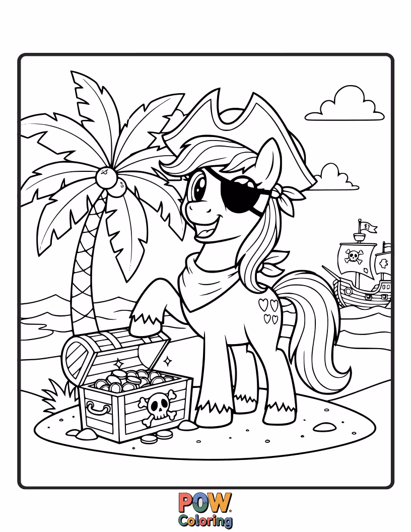Free coloring page of A mischievous horse with an eyepatch and bandana, holding a treasure map on a sandy beach.