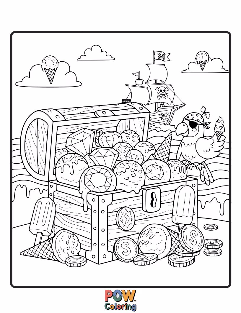 Free coloring page of A treasure chest overflowing with glittering ice cream scoops and candy coins.