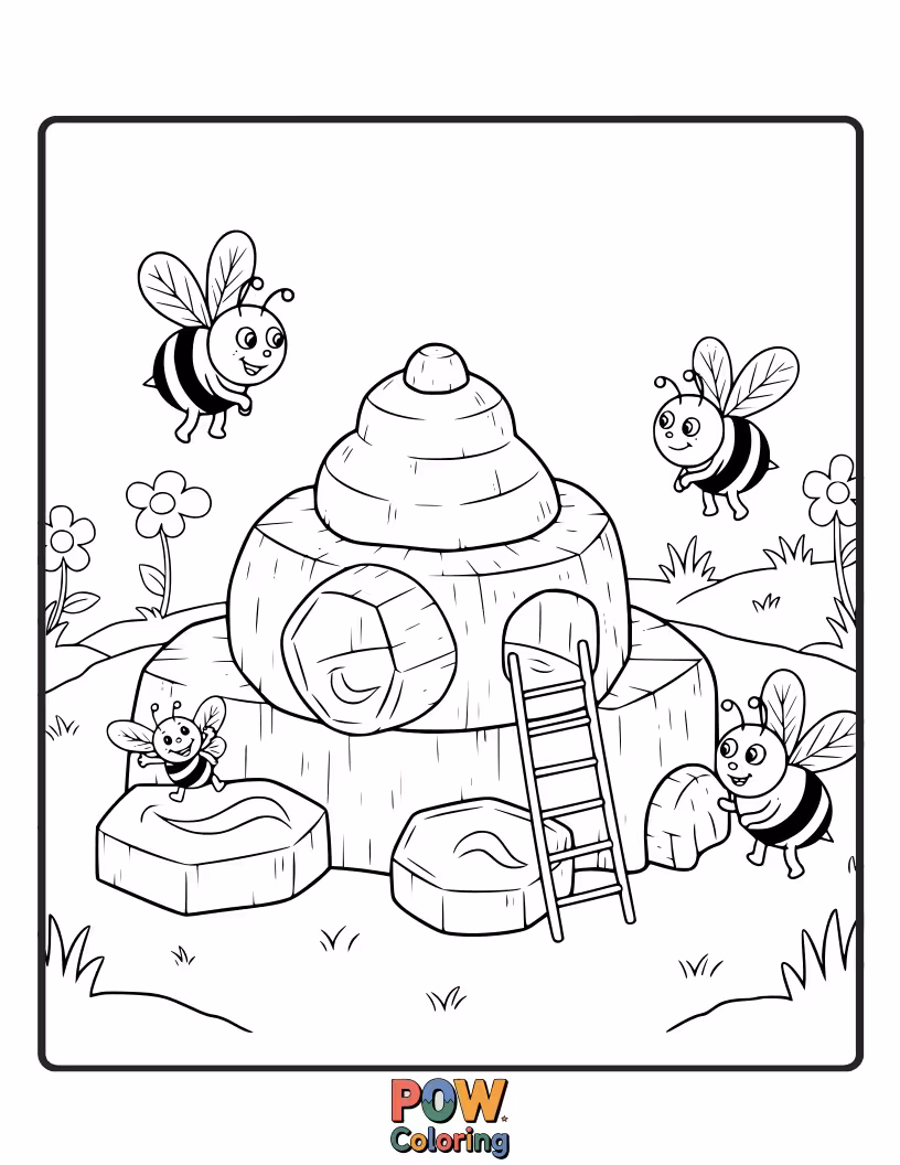 Free coloring page of A playground designed like a giant, hexagonal beehive with buzzing bee details.