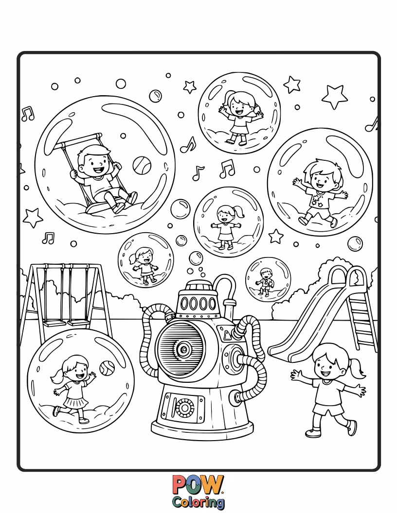 Free coloring page of Giant bubbles float around a playground, creating a magical, playful atmosphere.
