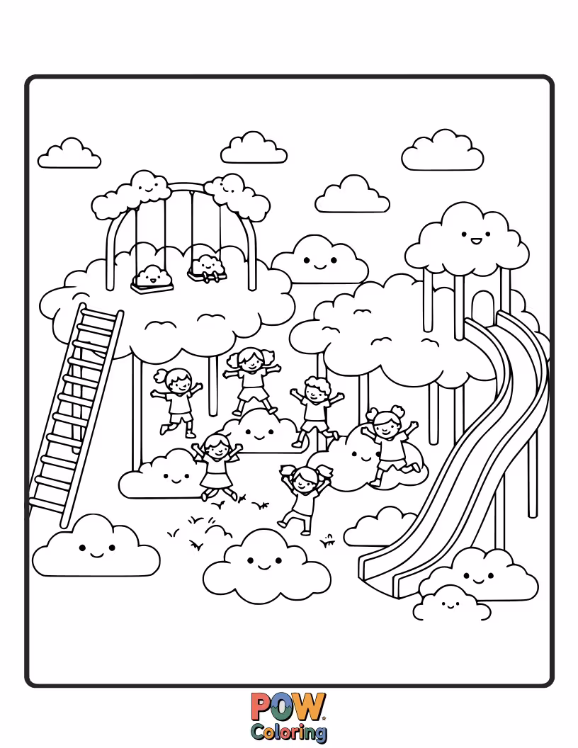 Free coloring page of Bouncy cloud-shaped platforms are the new fun on this dreamy playground.