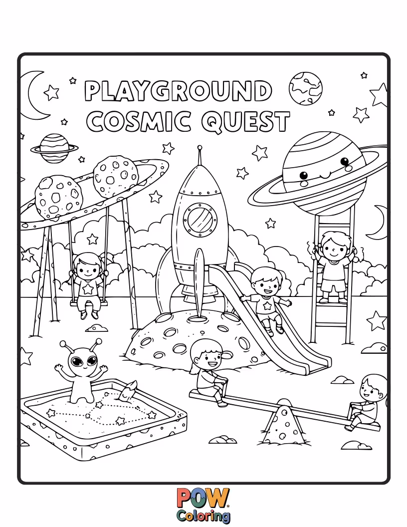 Free coloring page of Explore a playground with asteroid climbers and alien-themed slides for stellar fun.