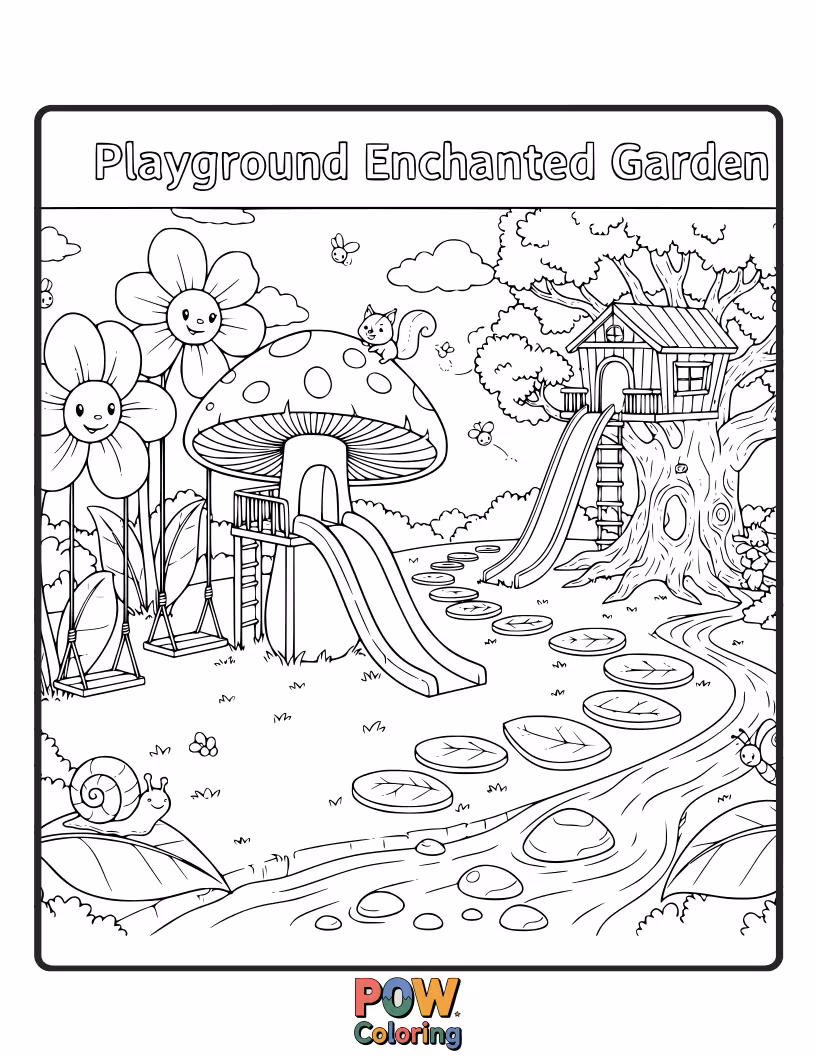 Free coloring page of Giant flowers and friendly bugs inhabit this beautiful, blossoming playground.