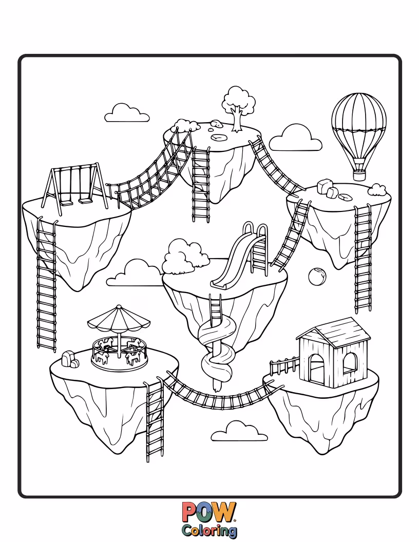 Free coloring page of A magical playground with whimsical floating islands and sky bridges.