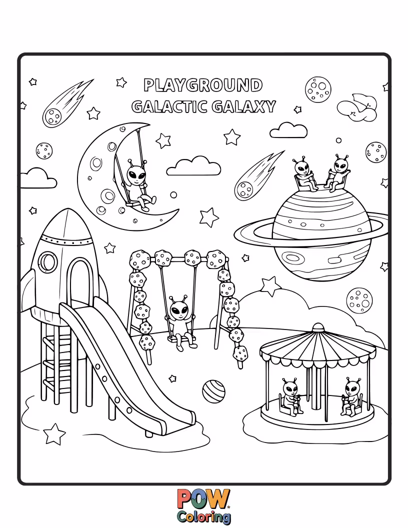 Free coloring page of Blast off into fun with a rocket ship climber and planet swings.