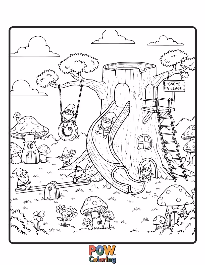 Free coloring page of Tiny, charming mushroom houses and acorn swings create a gnome wonderland.