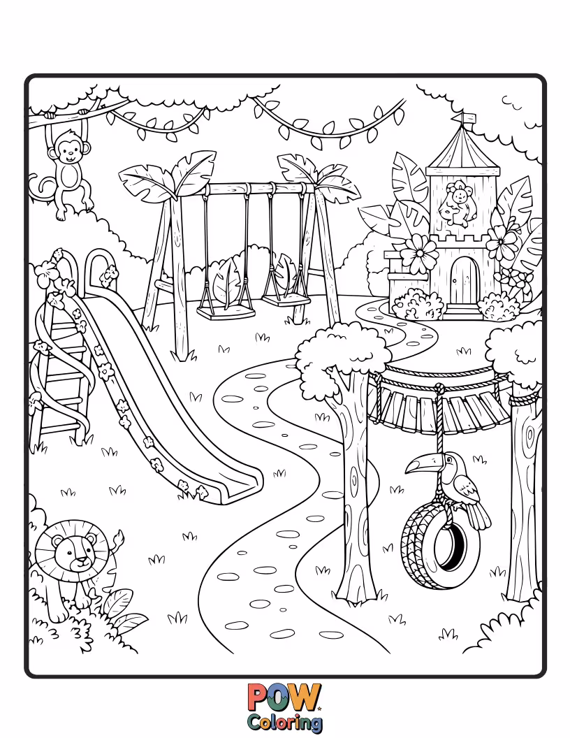 Free coloring page of Lianas to swing on, monkey bars, and animal statues make this a wild adventure.