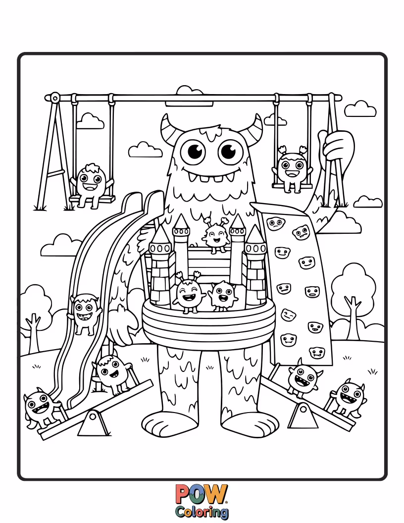 Free coloring page of Friendly, colorful monsters are enjoying slides and swings in a playful environment.