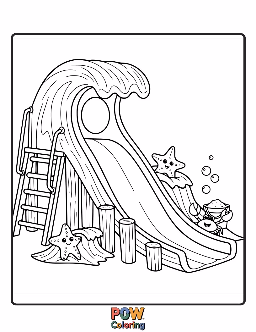 Free coloring page of A thrilling slide shaped like a curling ocean wave, with playful dolphins.