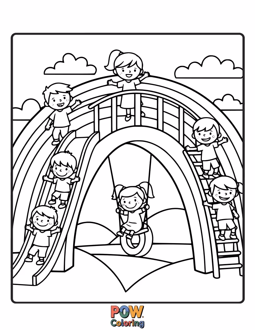 Free coloring page of Children traverse a vibrant rainbow bridge connecting different play areas.