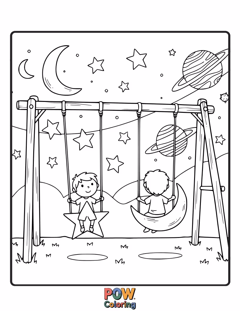 Free coloring page of A magical swing set under a starry night sky, perfect for dreaming.