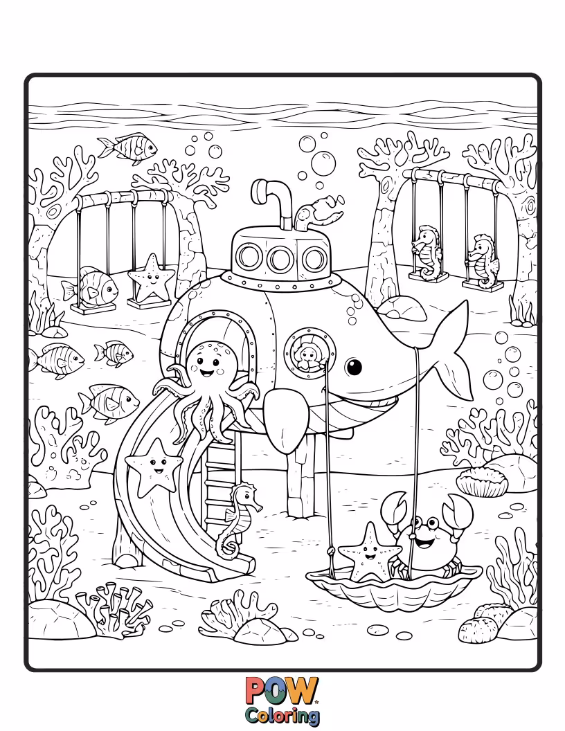 Free coloring page of Imagine a playground designed like an underwater coral reef with sea creatures.