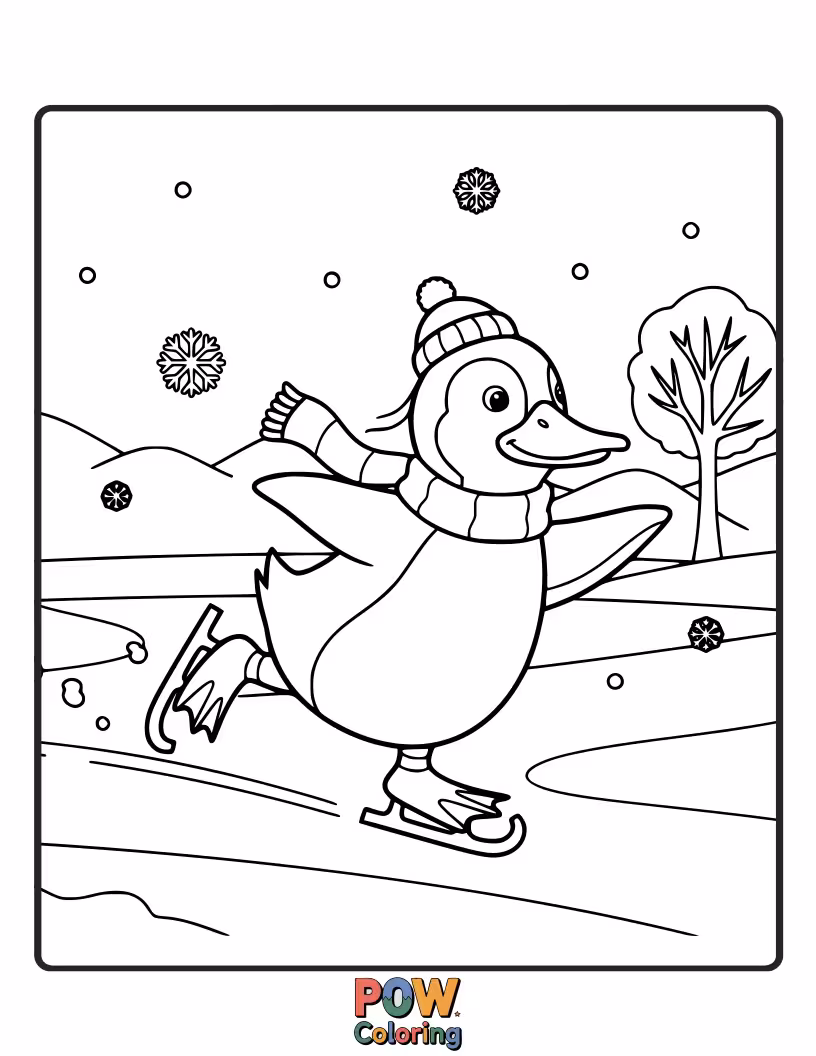 Free coloring page of A funny duck dressed as a penguin, waddling and sliding on an icy surface.