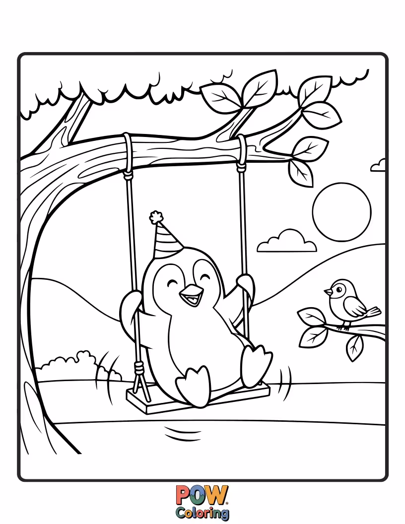 Free coloring page of A dapper penguin slides down a snowy hill on a makeshift swing, leaving a trail of happy snowballs.