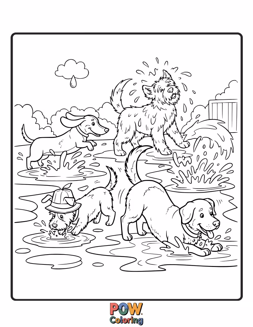 Free coloring page of Energetic dogs gleefully splashing in puddles after a rain shower, with water droplets and happy expressions to color.