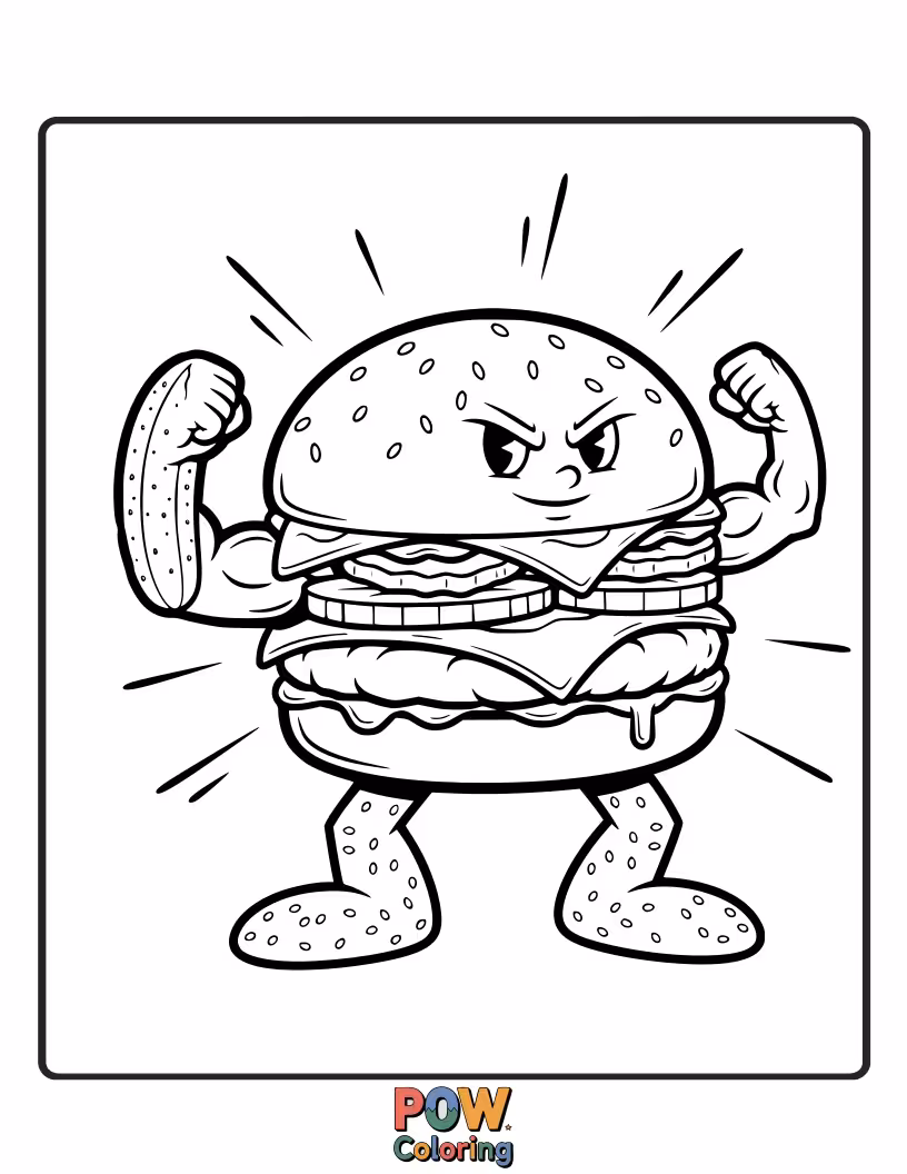 Free coloring page of A Quarter Pounder burger in a superhero pose with a cape.