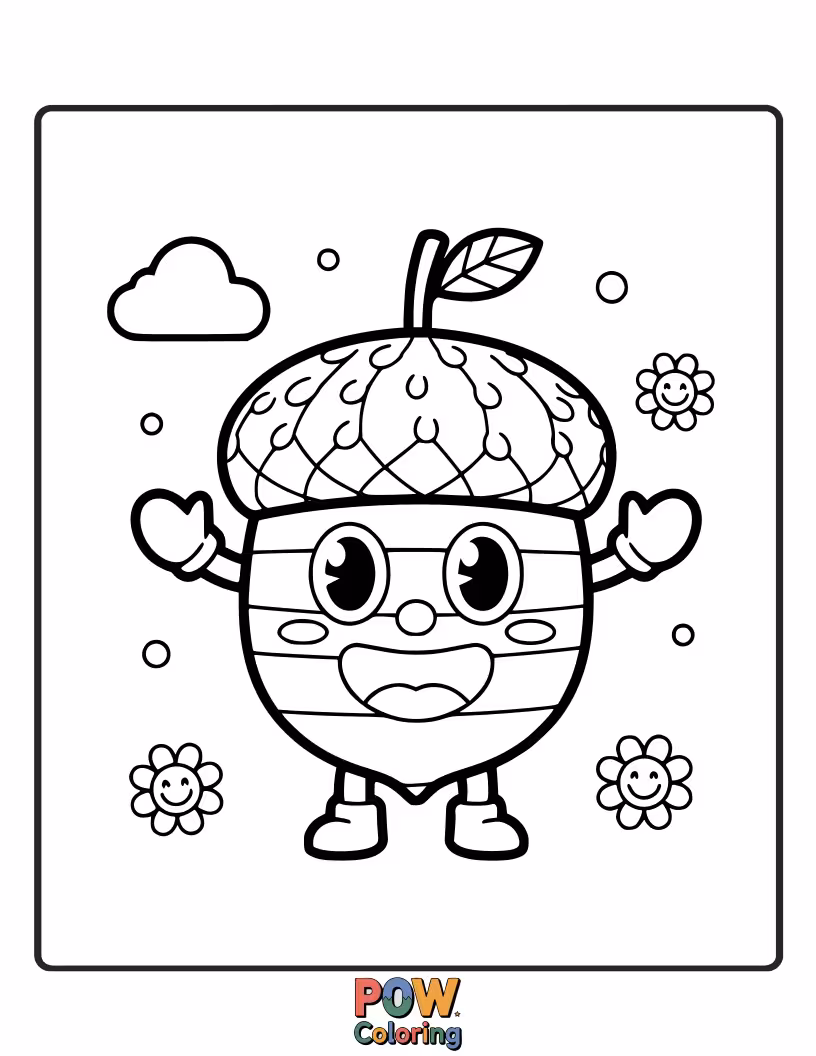 Free coloring page of A cute, smiling acorn character wearing a tiny rainbow cap, peeking from behind a giant, colorful mushroom. A whimsical woodland friend.