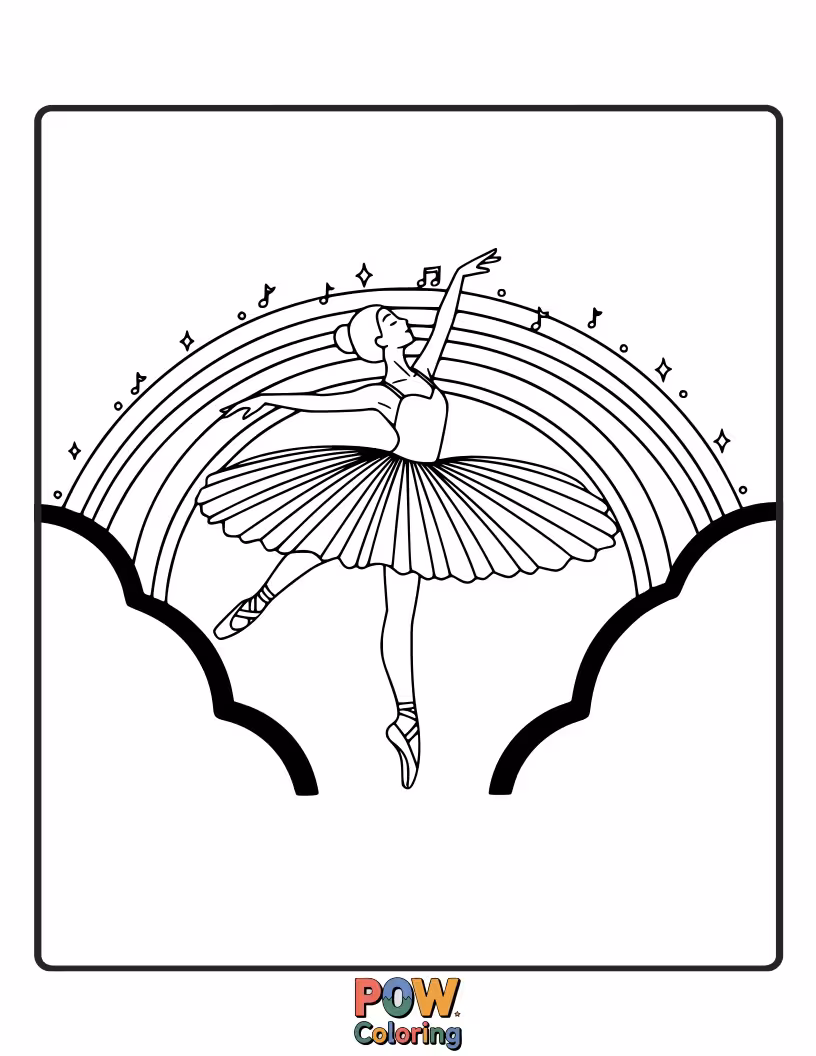 Free coloring page of A ballerina leaps across a vibrant rainbow, her movements as fluid and colorful as the arc itself.