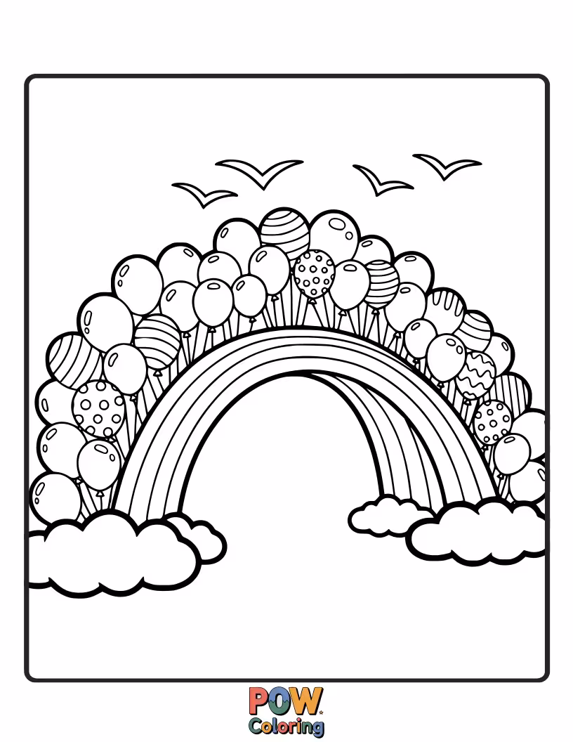 Free coloring page of A vibrant rainbow forms a bridge for hot air balloons, each with unique patterns and smiling faces.