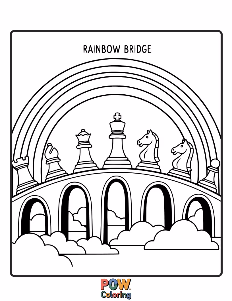 Free coloring page of Chess pieces standing on a vibrant rainbow, playing a game in a magical, sky-high landscape.