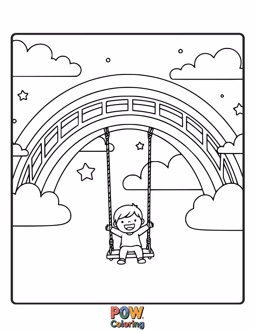 Free coloring page of A tiny ladybug happily swings on a dewdropped spiderweb strung across a vibrant rainbow.