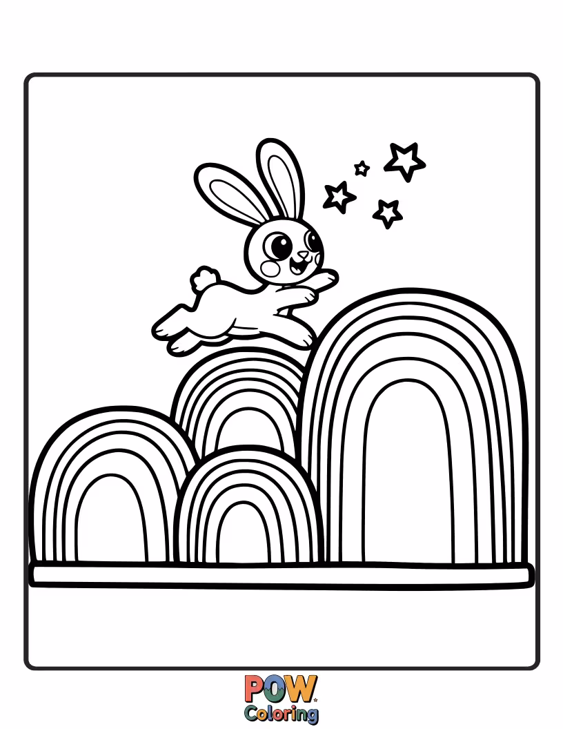 Free coloring page of A playful bunny leaps through a vibrant rainbow, leaving a trail of sparkling confetti in its wake.