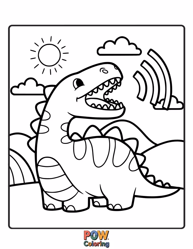Free coloring page of A friendly, cartoonish dinosaur with rainbow scales, letting out a happy roar under a magnificent rainbow. Prehistoric fun with a colorful twist!