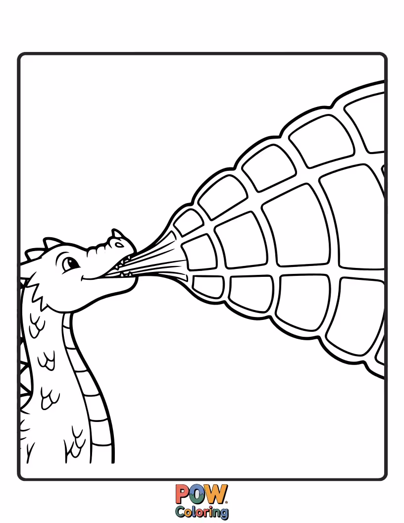 Free coloring page of A cute, friendly dragon exhaling gentle puffs of rainbow smoke. A magical and slightly mischievous creature for colorful fun.