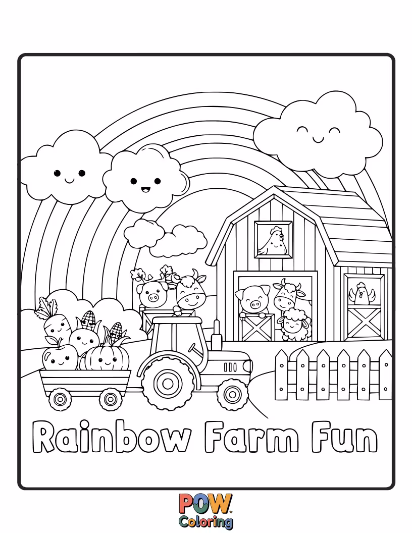 Free coloring page of A vibrant farm scene with colorful crops, a rainbow arching over happy animals playing.