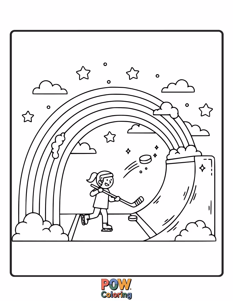 Free coloring page of A magical unicorn gracefully skates on a rainbow ice rink, leaving a trail of shimmering stardust behind. Beautifully ethereal.