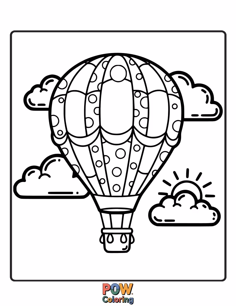 Free coloring page of A charming hot air balloon with a rainbow-striped canopy drifting peacefully across a sky filled with fluffy clouds. Soar into colorful adventures!