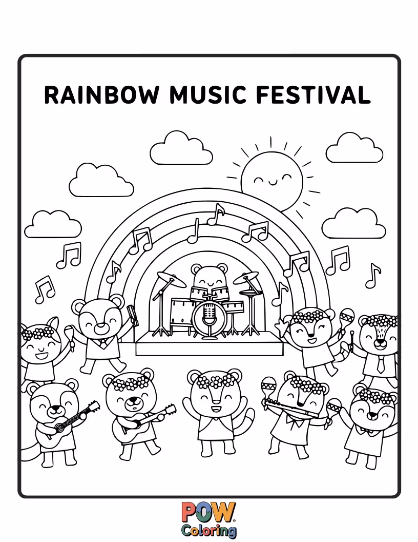 Free coloring page of A lively scene with colorful musical instruments and happy characters dancing under a giant, vibrant rainbow stage. Feel the rhythm and color!