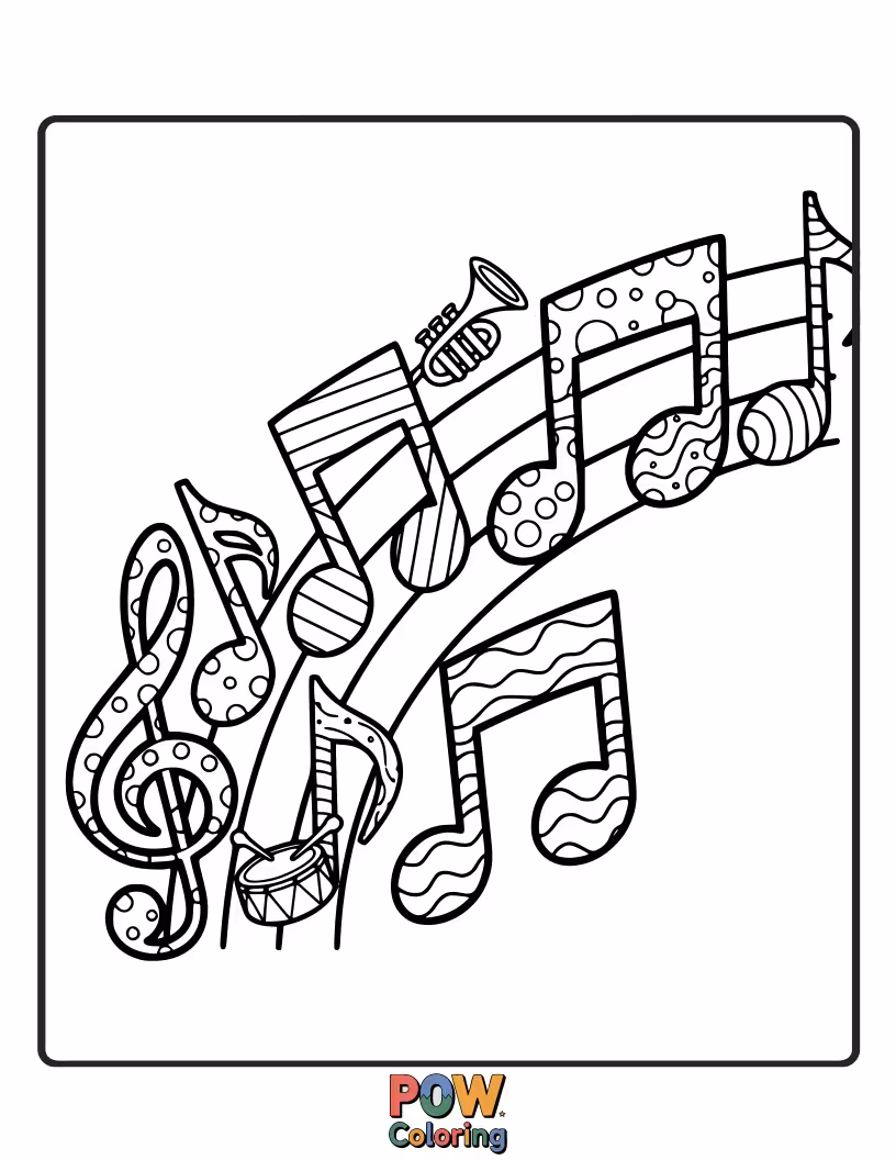Free coloring page of Lively musical notes dancing and twirling, forming a vibrant rainbow melody. A fun way to color the sounds of joy.