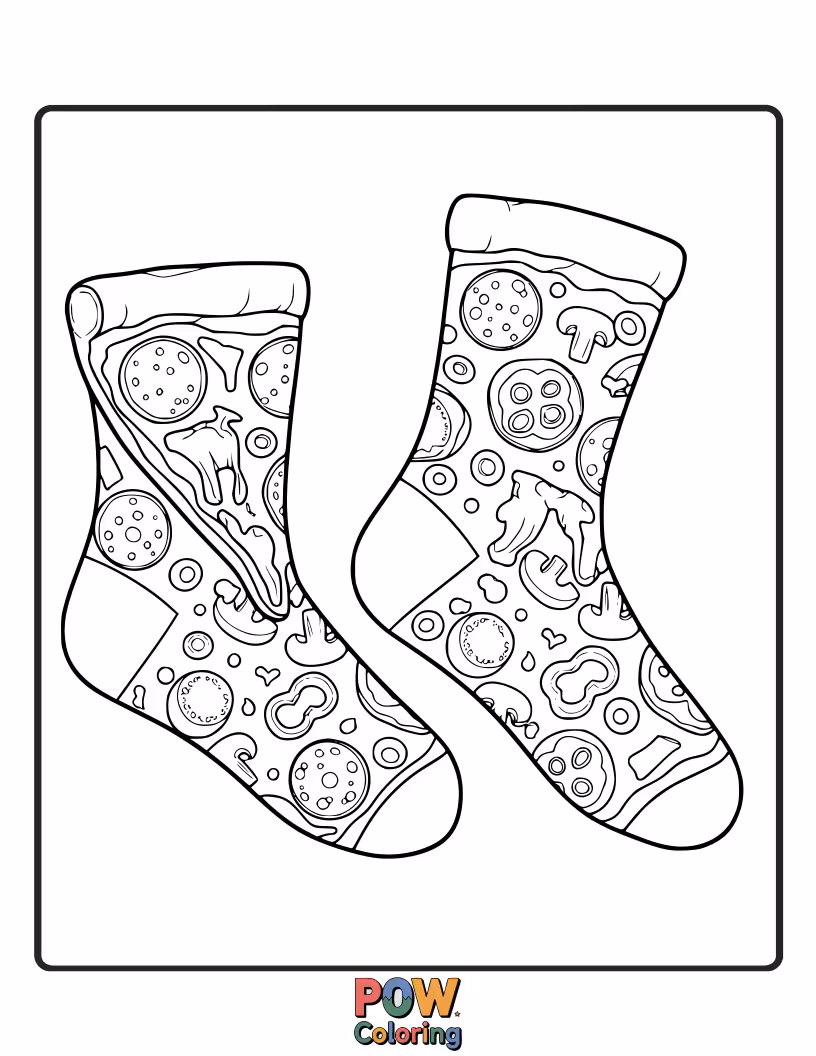 Free coloring page of A truly delicious design! These socks are topped with colorful pizza slices and a vibrant rainbow.
