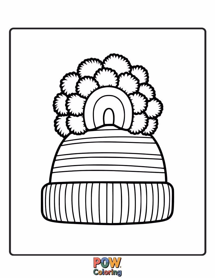 Free coloring page of A vibrant, fluffy beanie topped with a cascade of colorful pom-poms. Guaranteed to brighten any coloring session.